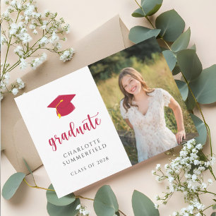 Simple Cap & Tassel Red Graduation Photo  Invitation