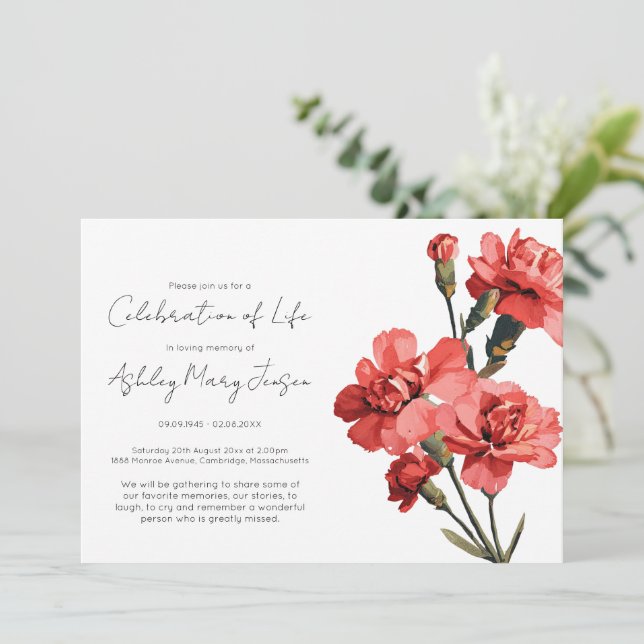 Simple Carnation Celebration of Life Funeral Invitation (Standing Front)