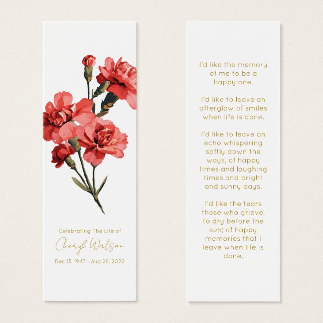 Simple Carnation Funeral Memorial Bookmark (Front & Back)