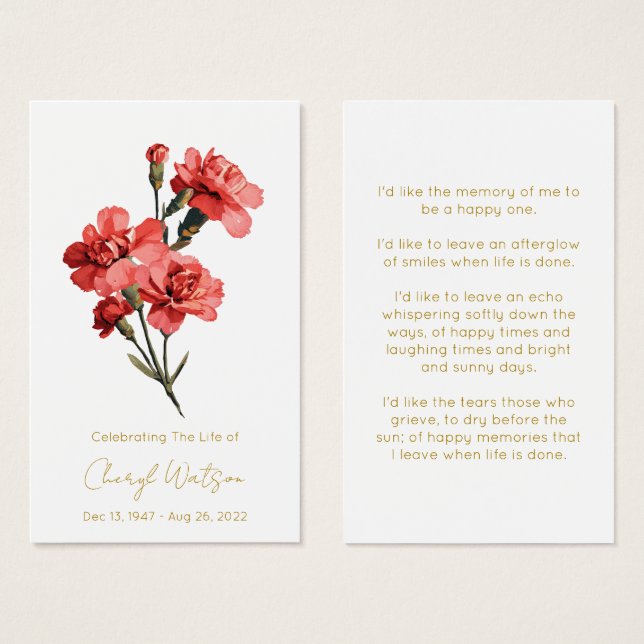 Simple Carnation Funeral Memorial Prayer Card (Front & Back)