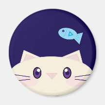 Simple Cartoon Cat with Goldfish Round Magnet