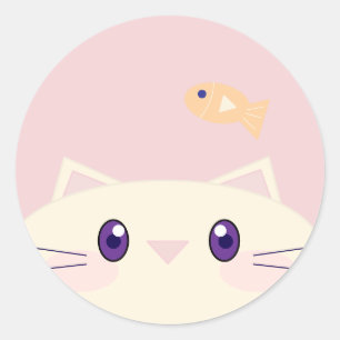 Simple Cartoon Cat with Goldfish Round Sticker