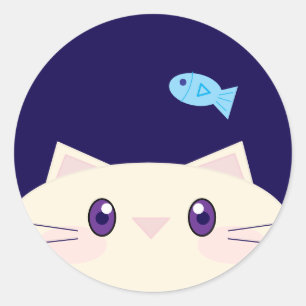Simple Cartoon Cat with Goldfish Round Sticker