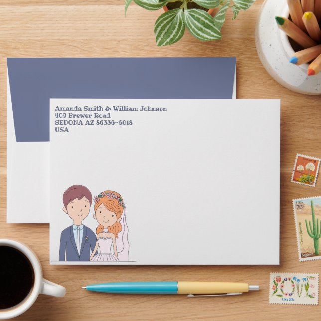 Simple, Cartoon-Iike  Spouses Illustration Wedding Envelope (Desk)