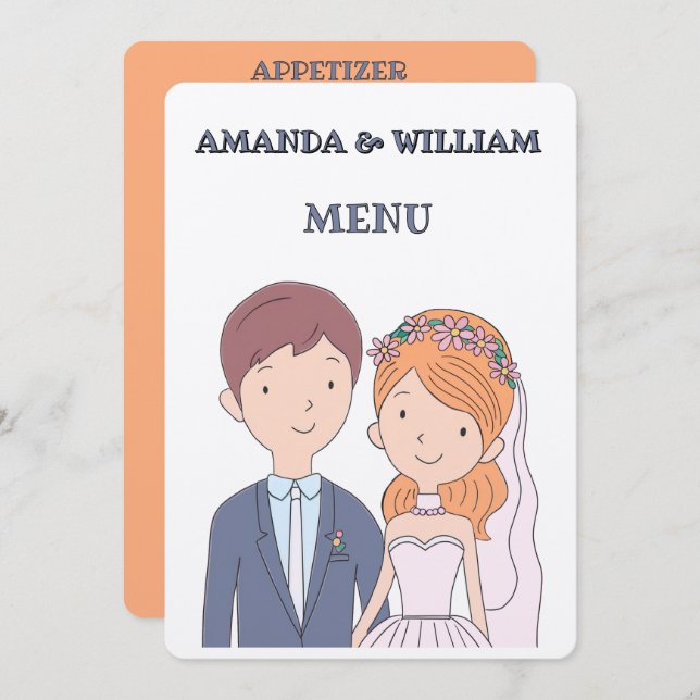 Simple, Cartoon-Iike Spouses Illustration Wedding  Menu (Front/Back)