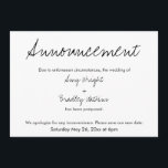 Simple, Casual Postponed Wedding Announcement<br><div class="desc">Here's a simple card for notifying your guests if it's become necessary to change your wedding date. Use the template fields to add your personal details and make this unique, modern design your own. The white background can be changed to any colour you prefer. All fonts and colours are also...</div>