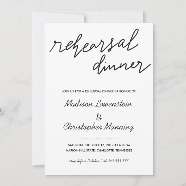 Simple Casual Script Rehearsal Dinner Wedding Invitation (Front)