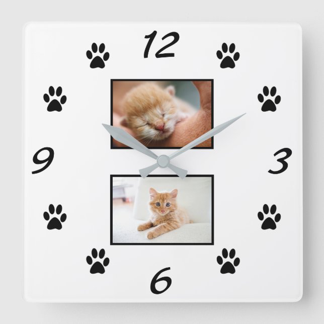 Simple Cat Paw Print Pet 2 Photo Collage Square Wall Clock (Front)