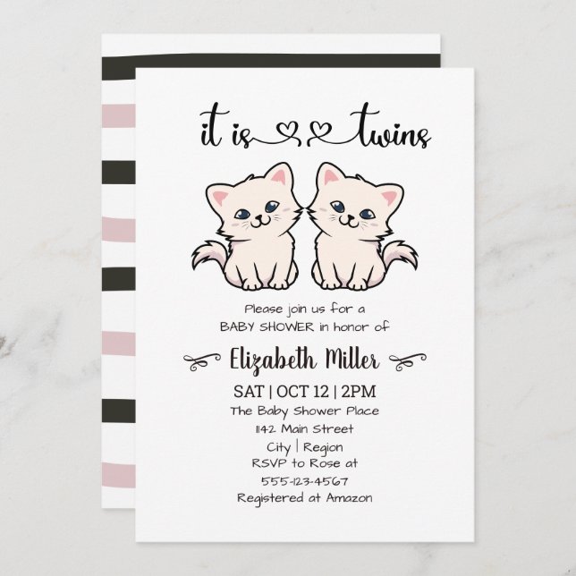Simple Cats Twin Boy Girl Baby Shower Invitation (Front/Back)