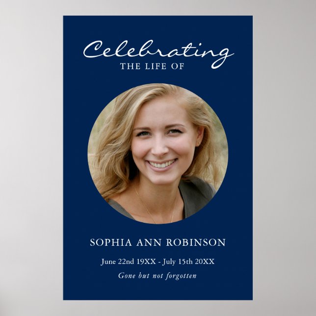 Simple Celebration of Life Photo Memorial Blue Poster (Front)