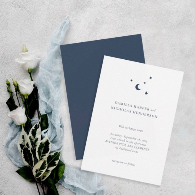Simple Celestial Blue Stars Moon Wedding Invitation (Creator Uploaded)
