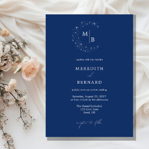 Simple Celestial Elegant Blue Monogram Wedding Invitation