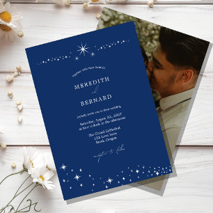 Simple Celestial Elegant Wedding Navy Blue Photo Invitation