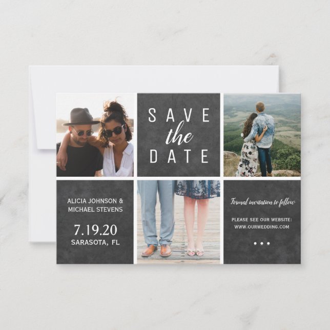 Simple chalkboard white 3 photo collage wedding save the date (Front)