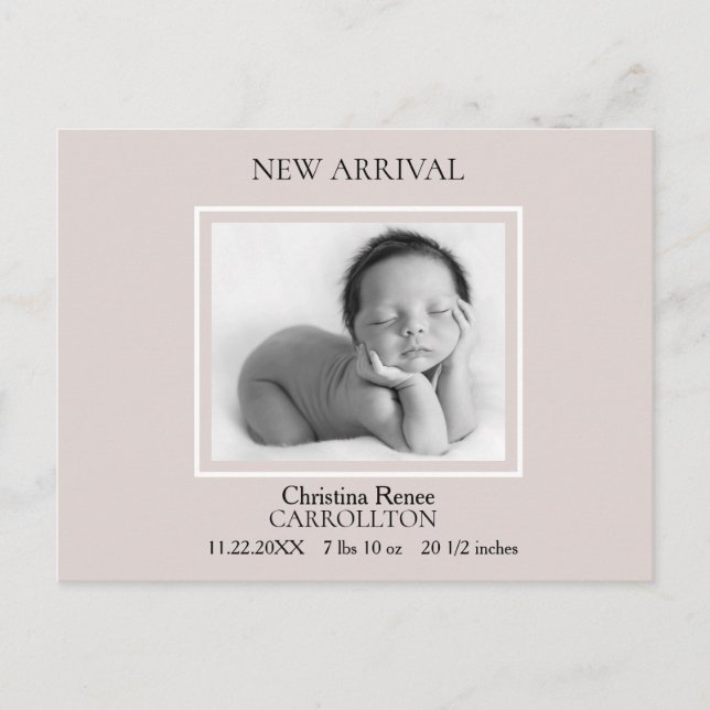 Simple Champagne Pink Birth Announcement Postcard (Front)