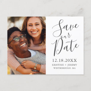 Simple Charcoal Grey Script Photo Save Our Date Announcement Postcard