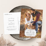 Simple Charm Save the Date Announcement Postcard<br><div class="desc">Elegant and simple save the date postcard features your favourite portrait-orientated full bleed photo with "save the date, " your wedding date, names and wedding location displayed in classic black lettering on a white notched rectangle element accented with a tiny flourish. An understated choice for sophisticated couples. Postcards reverse to...</div>