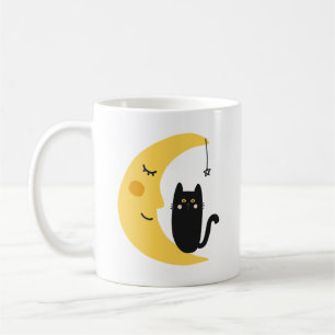 Simple Charming Whimsical Night Crescent Moon Cat  Coffee Mug