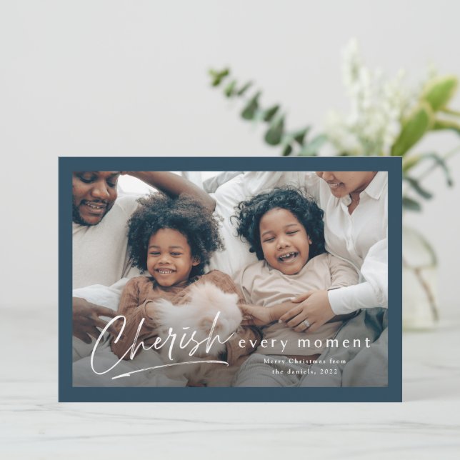 Simple Cherish Script 2 Photo Christmas Card (Standing Front)