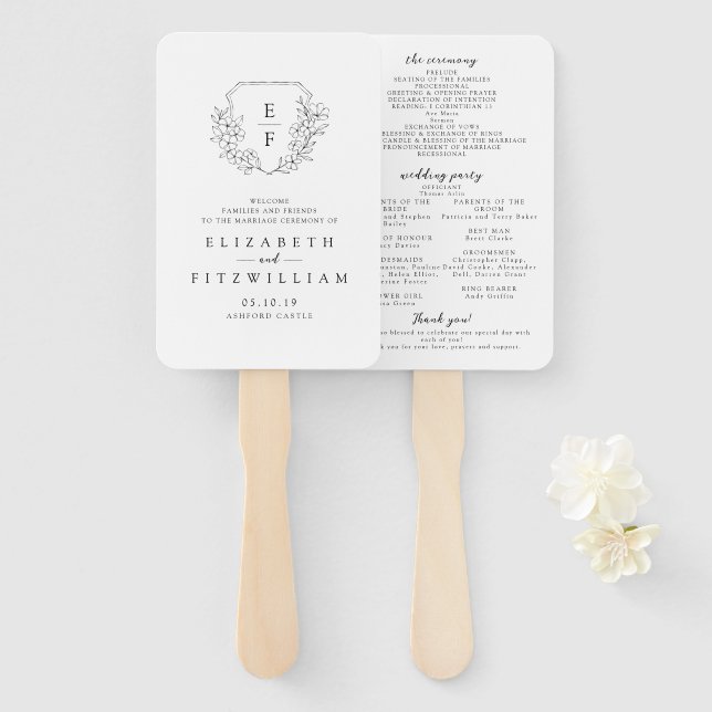 Simple Cherry Blossom Monogram Crest Hand Fan (Front and Back)