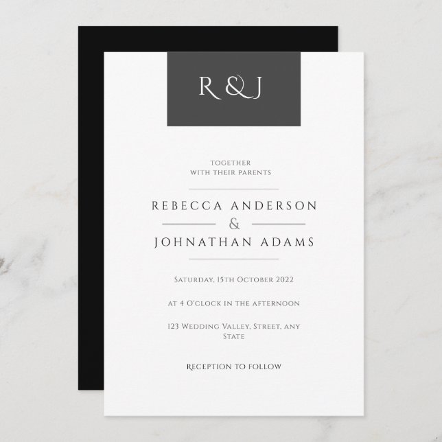 Simple Chic Black and White Monogrammed Wedding Invitation (Front/Back)