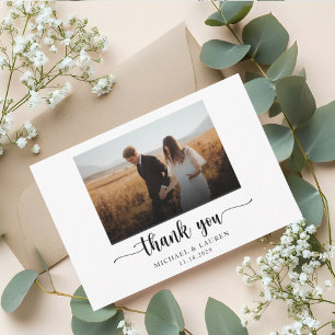 Simple Chic Black and White Wedding Photo Thank You Card