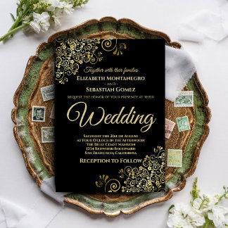 Simple Chic Black & Gold Elegant Wedding Invitation