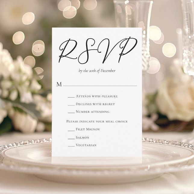 Simple Chic Black Script with Meal Choice Wedding RSVP Card (Creator Uploaded)