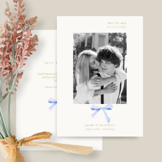 Simple Chic Blue Ribbon | Off White Save the Date Invitation