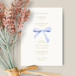 Simple Chic Blue Ribbon   Off White Wedding  Invitation