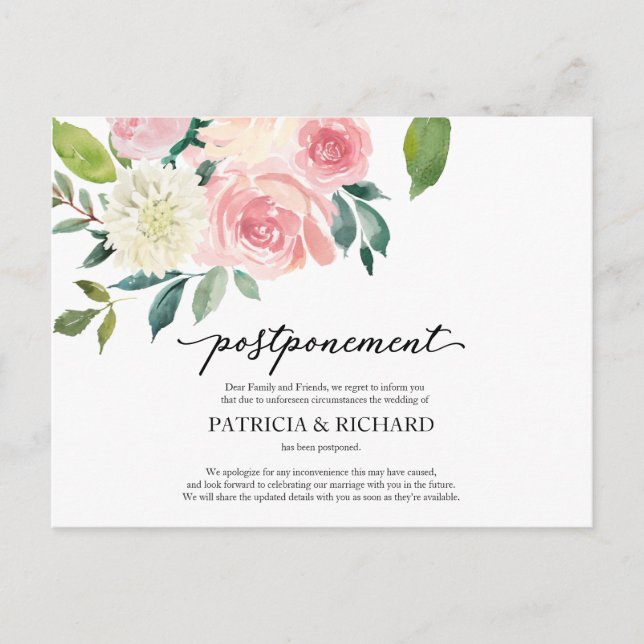 Simple Chic Blush Floral Wedding Postponement Postcard (Front)