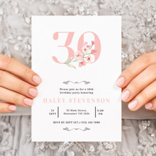 Simple Chic Blush Pink White Floral 30th Birthday Invitation