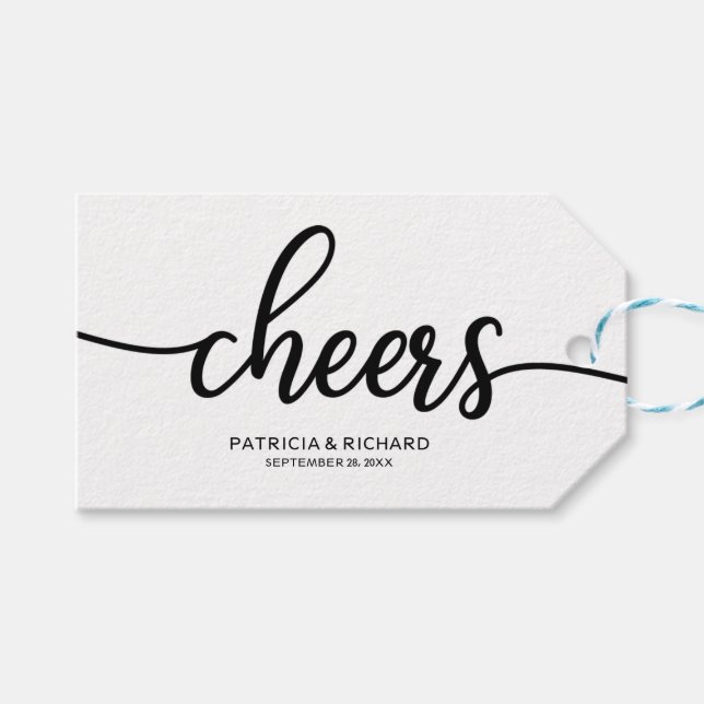 Simple Chic Calligraphy Cheers Wine Bottle Tags (Front (Horizontal))
