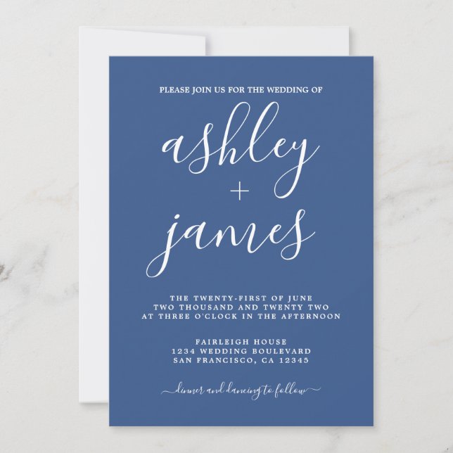Simple Chic Calligraphy Classic Blue Wedding Invitation (Front)