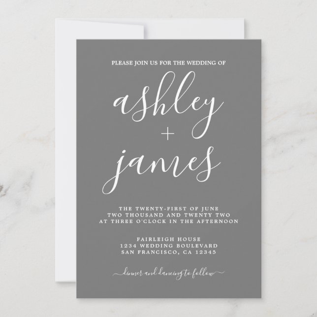 Simple Chic Calligraphy Dark Grey Wedding Invitation (Front)