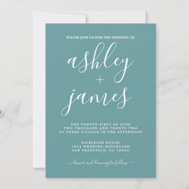 Simple Chic Calligraphy Dusty Turquoise Wedding Invitation (Front)