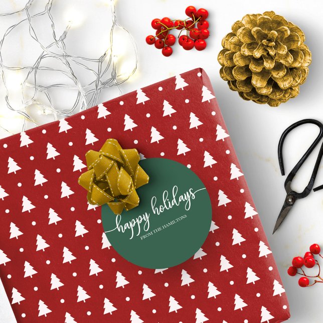 Simple Chic Calligraphy Happy Holidays Green Classic Round Sticker (Creator Uploaded)