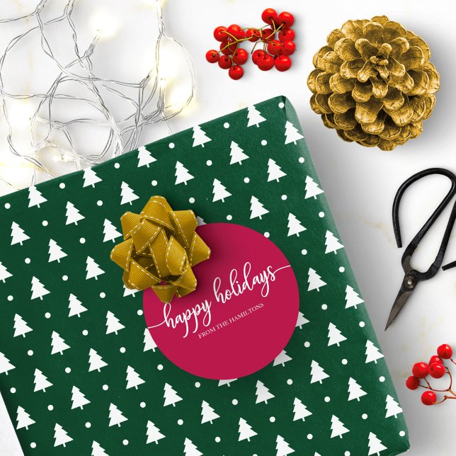 Simple Chic Calligraphy Happy Holidays Red Classic Round Sticker (Creator Uploaded)