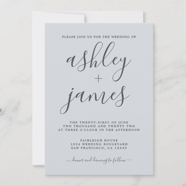 Simple Chic Calligraphy Pastel Blue Wedding Invitation (Front)