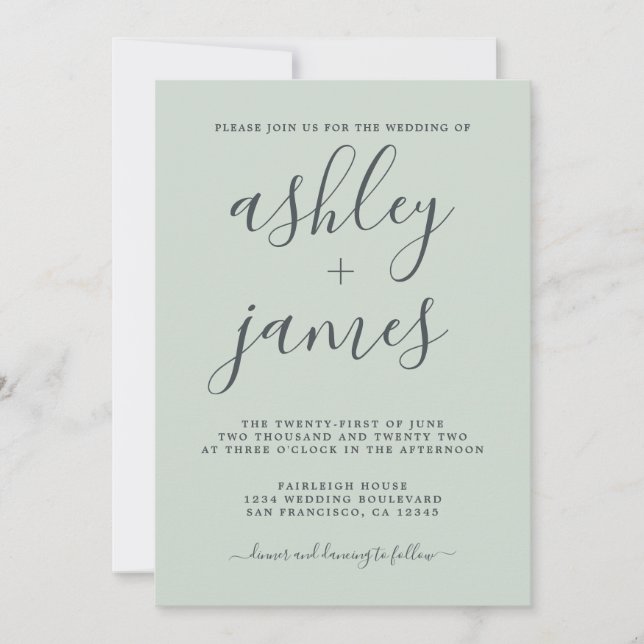Simple Chic Calligraphy Pastel Green Wedding Invitation (Front)