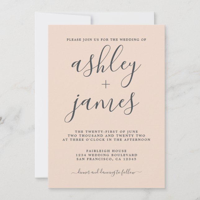 Simple Chic Calligraphy Peach Dust Pink Wedding Invitation (Front)