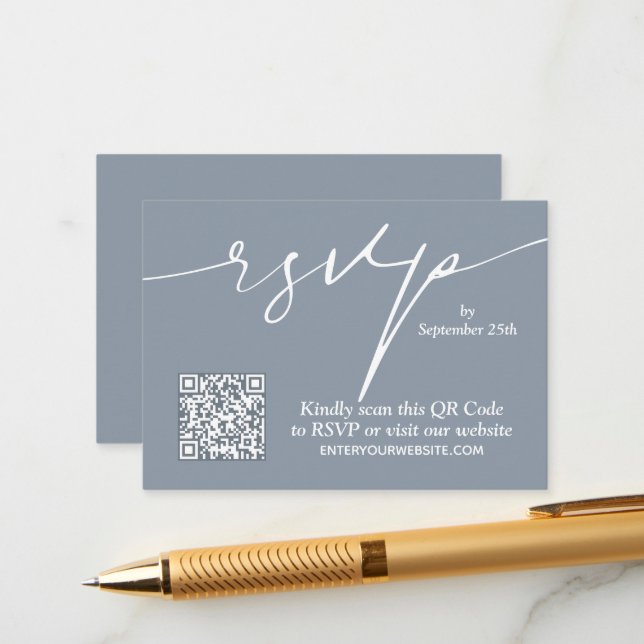 Simple Chic Dusty Blue QR Code Wedding Enclosure Card (Front/Back In Situ)