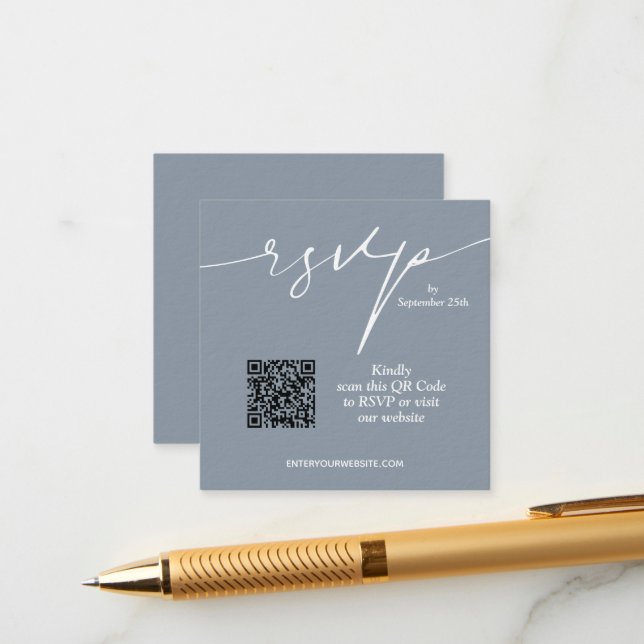 Simple Chic Dusty Blue QR Code Wedding Enclosure Card (Front/Back In Situ)