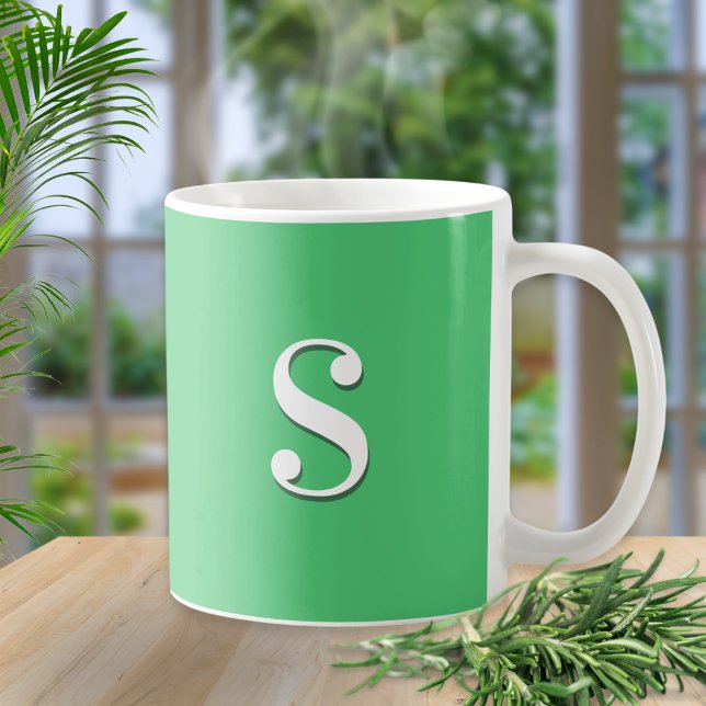 Simple Chic Elegant Minimal Green Monogram Initial Coffee Mug (A minimalist, chic, green and white mug, with stylish monogram initial on both the front and back)