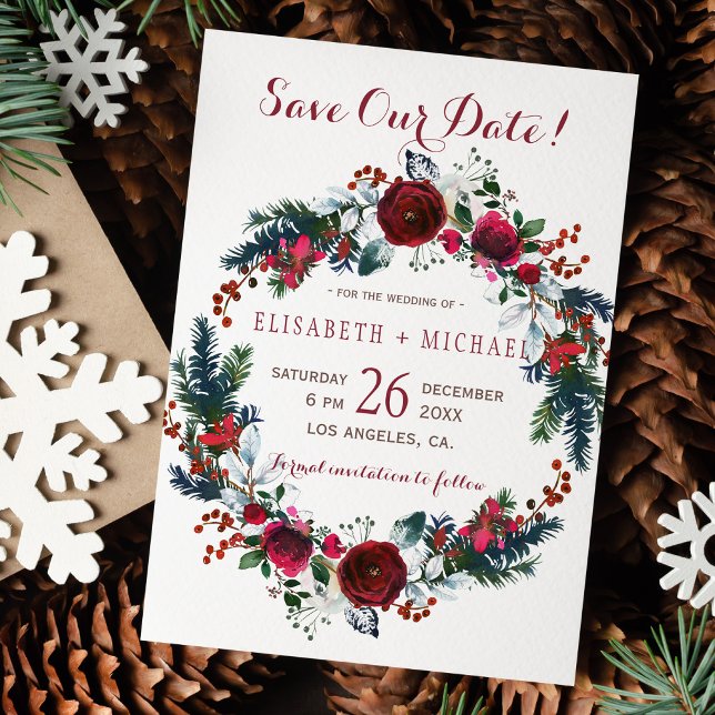 Simple chic floral winter wreath save date wedding save the date (Creator Uploaded)