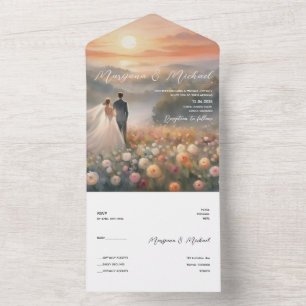 Simple chic flower sunrise wedding all in one invitation