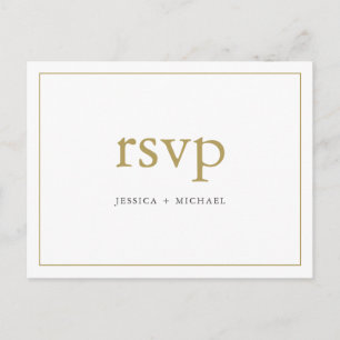 Simple Chic Gold and White Custom Wedding RSVP Invitation Postcard