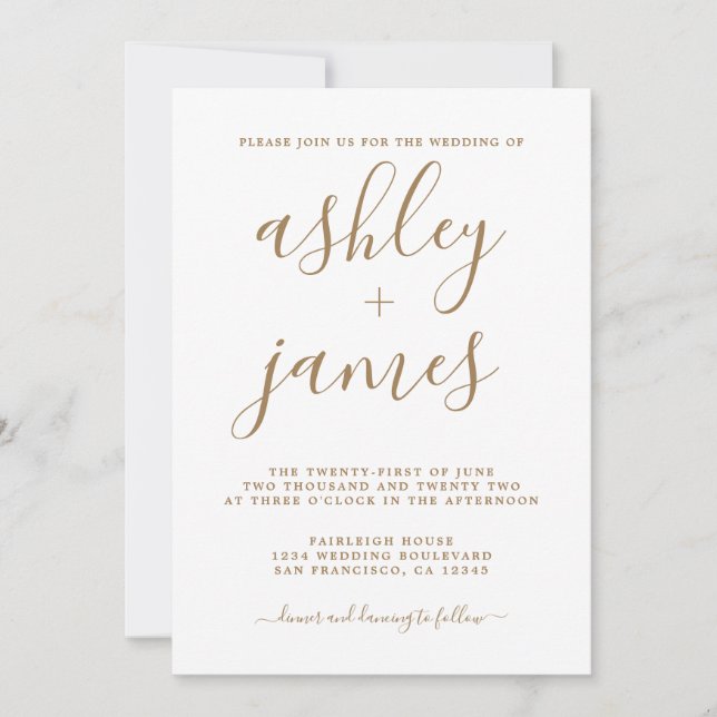 Simple Chic Gold Calligraphy Wedding Invitation (Front)