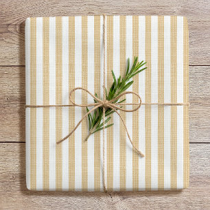 Simple Chic Linen Look Striped Pattern Gold White Wrapping Paper