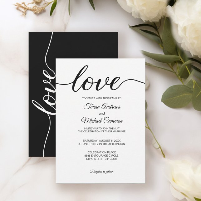 Simple Chic Love script Black White Wedding Invitation (Classic Black and white love script wedding invite.)